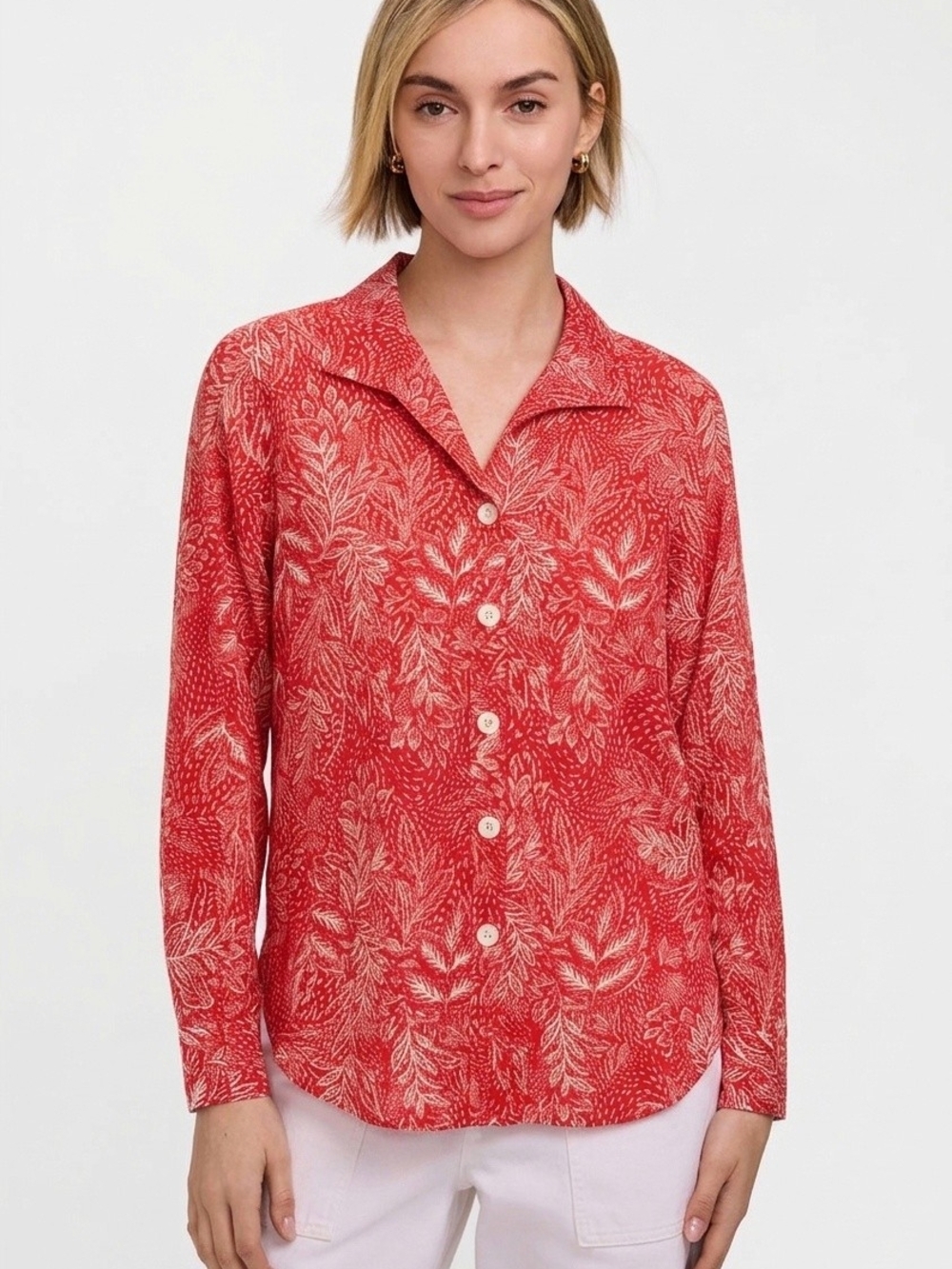 Foxcroft Red Floral Print Button-Down Shirt | Size 6